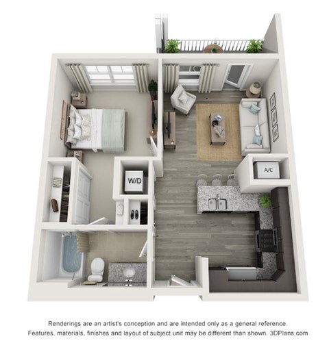 Floor plan for 1 bed, 1 bath, 675 sqft